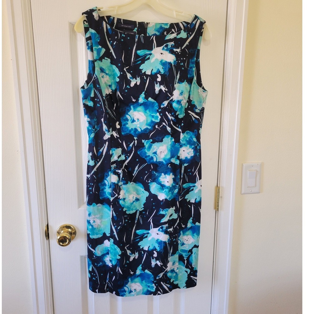 Jones New York Signature Blue Teal Floral Cotton Stretch Sheath Dress Size 10